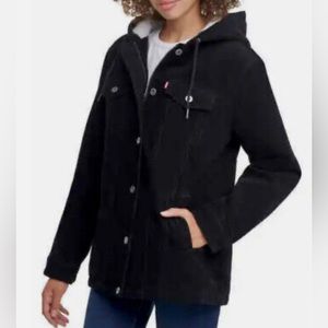 Levi's Women's Black Small Corduroy Oversized Hooded Sherpa Trucker Jacket